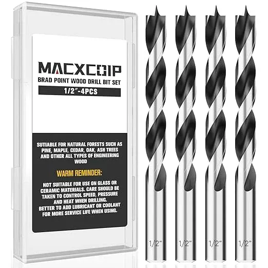 1/2" Brad Point Wood Drill Bit Set, 4Pcs Drill Bit Set with Double Flutes Design for Carpenter Woodworking and All Types of Wood