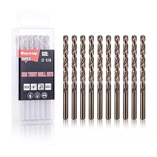 1/4 Inch Cobalt Drill Bit Set (10Pcs), M35 Fully Grounded 5% Cobalt Bits for Hardened Metals, Stainless Steel, Cast Iron and Wooden Plastics, with Storage Box