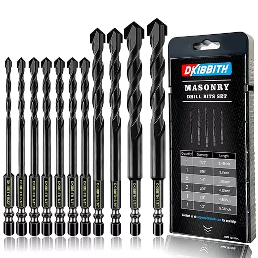 11-pc Masonry Drill Bits Carbide Concrete Drill Bit Set for Stone Tile Brick Ceramic Glass Metal Sheet Plastic and Wood, Quick Change 1/4" Hex Shank, Size 5/32” 3/16" 1/4" 5/16" 3/8" 1/2" with Case