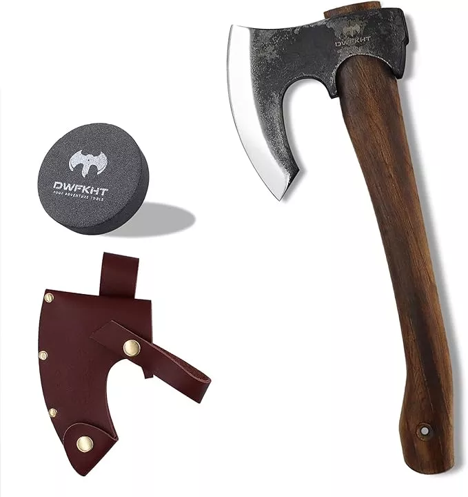 14.6" Hatchet, Camping Hatchet with Leather Sheath, Bushcraft Axe with 1065 Carbon Steel & Beech Handle, Survival Axe for Wood Splitting and Chopping - Perfect for Gardening and Outdoor