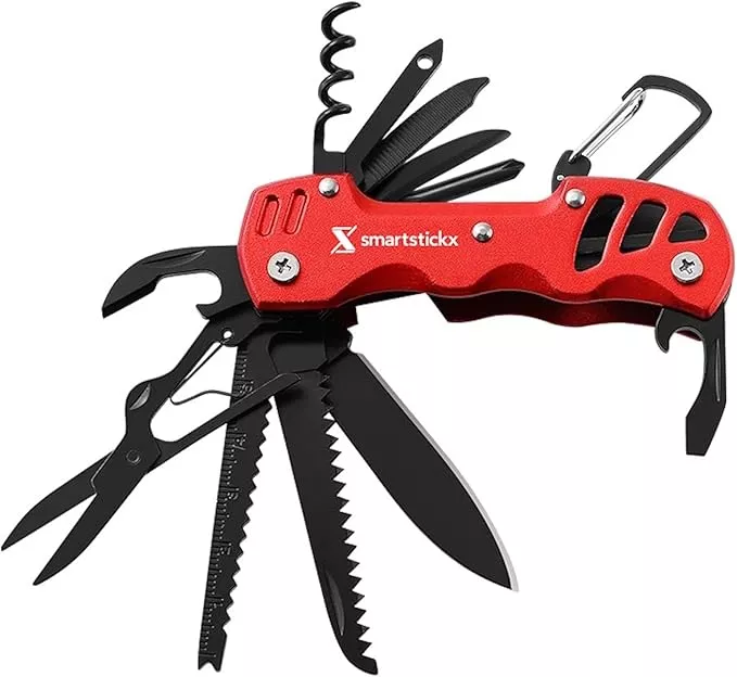 16 in 1 Multi Tool Tactical Knife Camping essential Survival with Knife, Scissors, Saw, Wine Opener, Multiple Screwdrivers, Key Chain Easy Carry, Fish Scaler (Red)