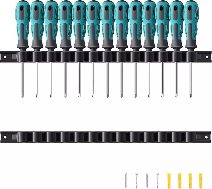 2 Pack Wall-Mounted Screwdriver Organizers with Screws - Heavy-Duty ABS Plastic Tool Holder for Screwdrivers, Wrenches, Piers - Garage Workshop Storage (Black,2 PCS)