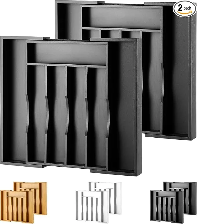 2-Piece Expandable Bamboo Kitchen Drawer Organizer for Cutlery and Utensils, Adjustable Bamboo Wood Cutlery Tray in Drawer for Flatware and Silverware in Kitchen, (White)