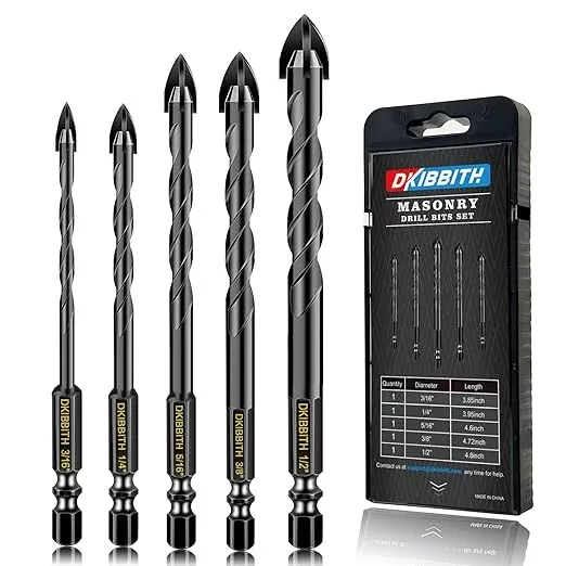 5 Pcs Masonry Concrete Drill Bit Set for Tile Brick Glass Plastic Wood, Tungsten Carbide Tip, Hex Shank, Work with Ceramic Porcelain Tile Wall Mirror Paver 3/16" 1/4" 5/16" 3/8" 1/2" Drill Bit Set