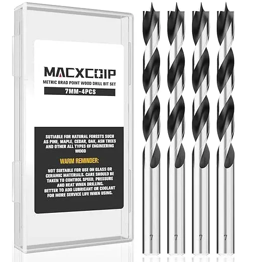 7MM Metric Brad Point Wood Drill Bit Set, 4Pcs Drill Bit Set with Double Flutes Design for Carpenter Woodworking and All Types of Wood