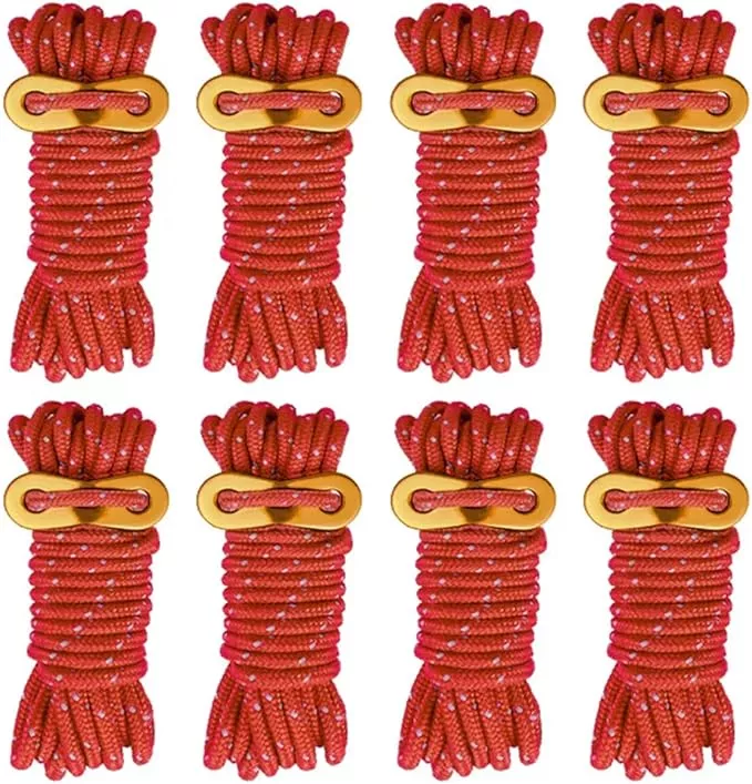 8 Pack High-Reflective Guy Lines 4mm Tent Cords High-Strength Lightweight Camp Ropes with Aluminum Adjuster Tensioner for Tent, Tying Down Tarps, Camping, Outdoor Packaging (Red, 13ft)