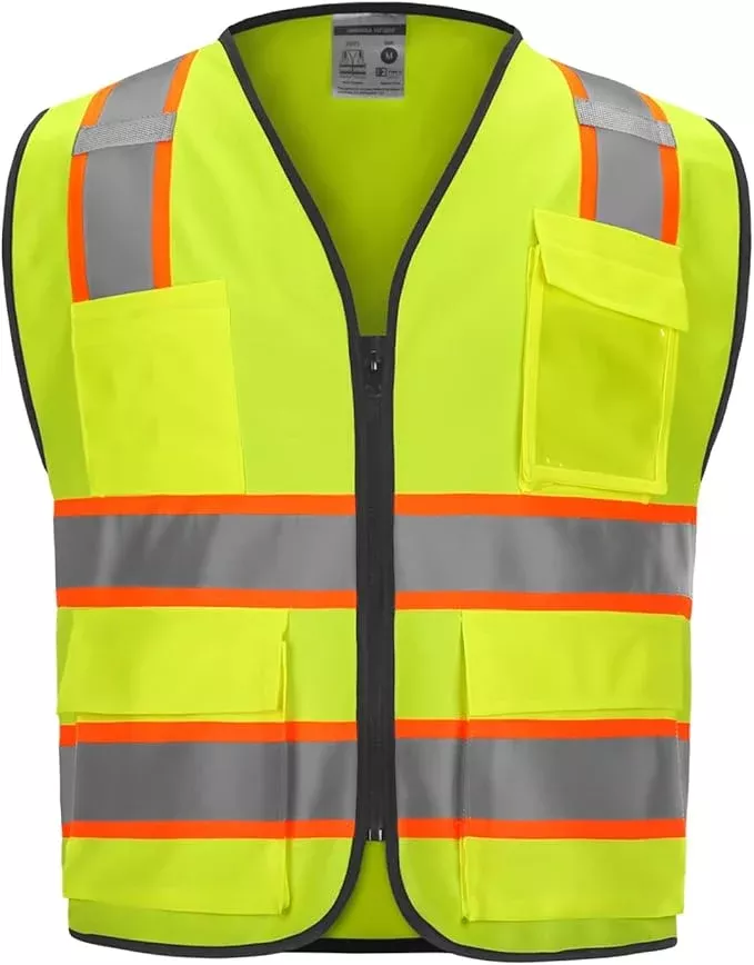 9 Pocket High Visibility Class 2 Safety Vest with Reflective Strips and Zipper Closure for Men & Women in Lime, 2XL