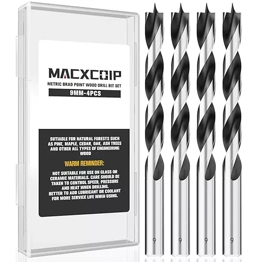 9MM Metric Brad Point Wood Drill Bit Set, 4Pcs Drill Bit Set with Double Flutes Design for Carpenter Woodworking and All Types of Wood