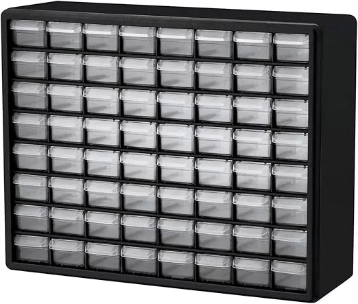 Akro-Mils 64-Drawer Plastic Drawer Storage Cabinet for Garage Organization, Bead Organizer, Building Bricks Storage, Teacher Toolbox, Makeup Organizer, 20-Inch W x 6-Inch D x 16-Inch H, 10164 Red