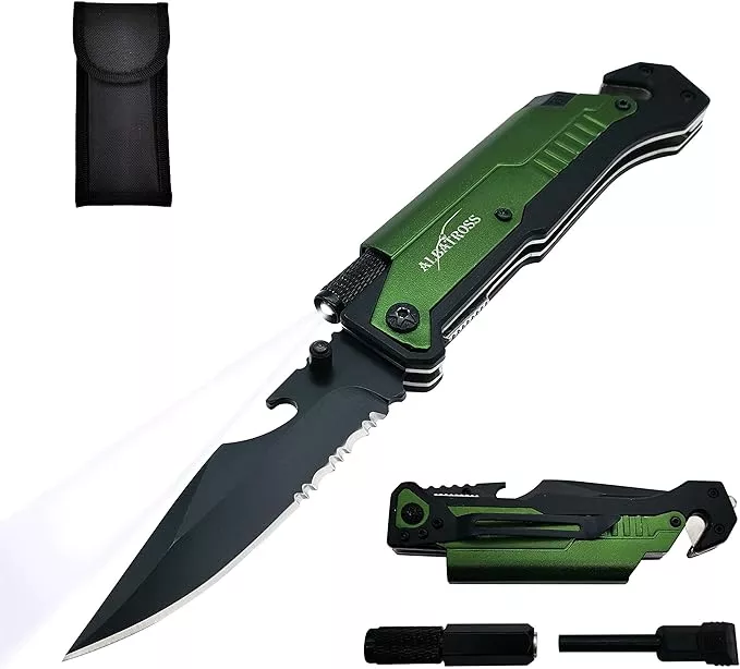 ALBATROSS Professional 6-in-1 Tactical Folding Knife - Survival Multi-Tool with LED Flashlight, Glass Breaker, Fire Starter, Seatbelt cutter - EDC Pocket Knife for Camping, Hunting & Emergency (Green)