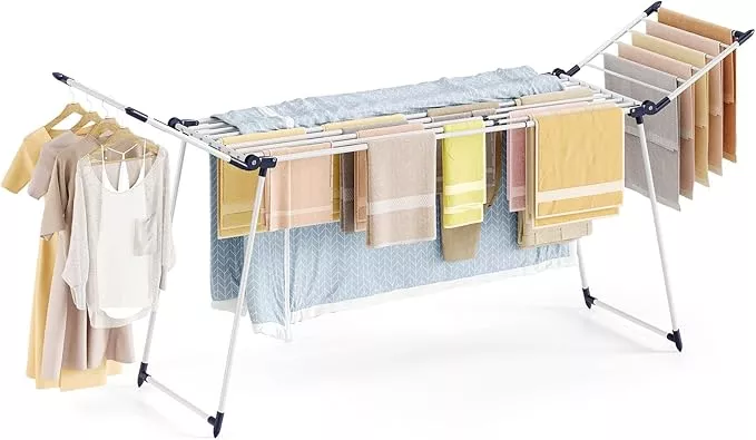 APEXCHASER Clothes Drying Rack Foldable, Large Drying Rack for Clothing Retractable, Winged Laundry Rack Folding Indoor Outdoor, Metal Clothes Airer for Bedding Towel Sweater Heavy Duty, White