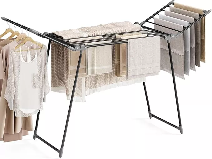 APEXCHASER Clothes Drying Rack Foldable, Large Drying Rack Clothing, Winged Laundry Rack Folding Indoor Outdoor, Metal Clothes Airer for Bedding Towel Sweater Heavy Duty, 68.9" X 22" X 39.3", White