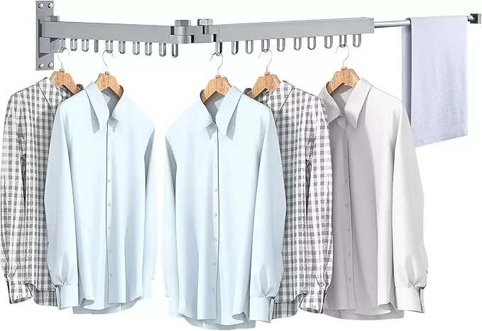 Bakala Clothes Drying Rack, Laundry Drying Rack Foldable, Heavy-Duty Space Saving Hangers, Wall Mounted Clothing Racks for Laundry Room Organization, Folding, Retractable 64" Clothes Dryer (Silver)