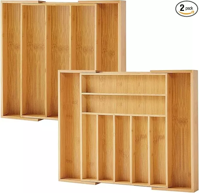 Bamboo Drawer Organizer, 2 Pack - Expandable Silverware Organizer & Utensil Drawer Organizer, Cutlery Tray with Dividers, 7-9 Slots- Premium Kitchen Organizer for Utensils & Flatware (Natural)