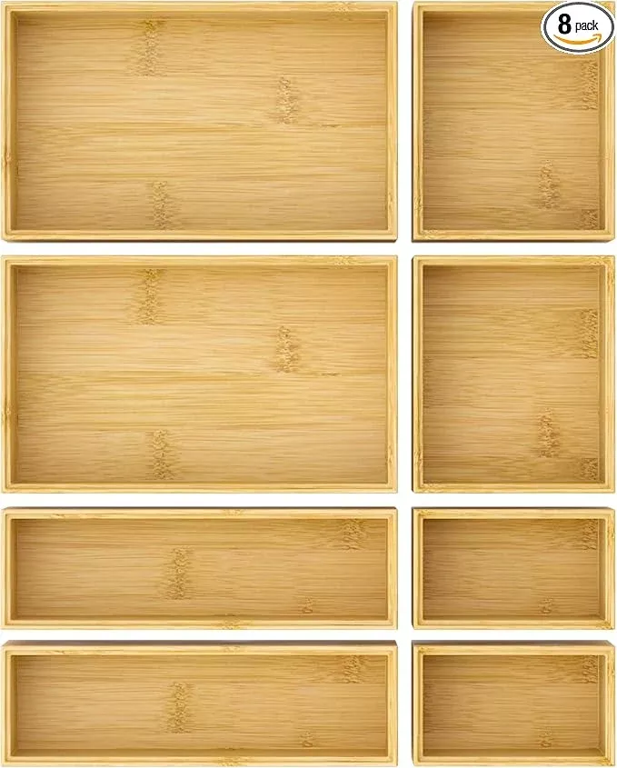 Bathroom Drawer Organizer Trays, Bamboo Silverware Drawer Organizer Kitchen Utensils, 8 PCS Wood Box Stackable Bins for Makeup, Office Desk, Vanity, Junk Drawer