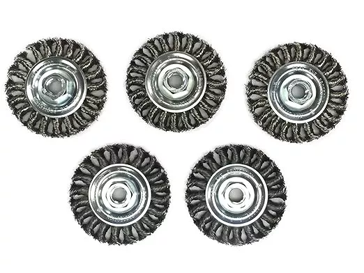 Benchmark Abrasives 4” Standard Twist Knot Wire Wheel with Arbor 5/8"-11 Thread, for Weld Cleaning, Weld Spatter Removal, Stripping, Deburring, Use with Angle Grinders - Carbon Steel (5 Pack)