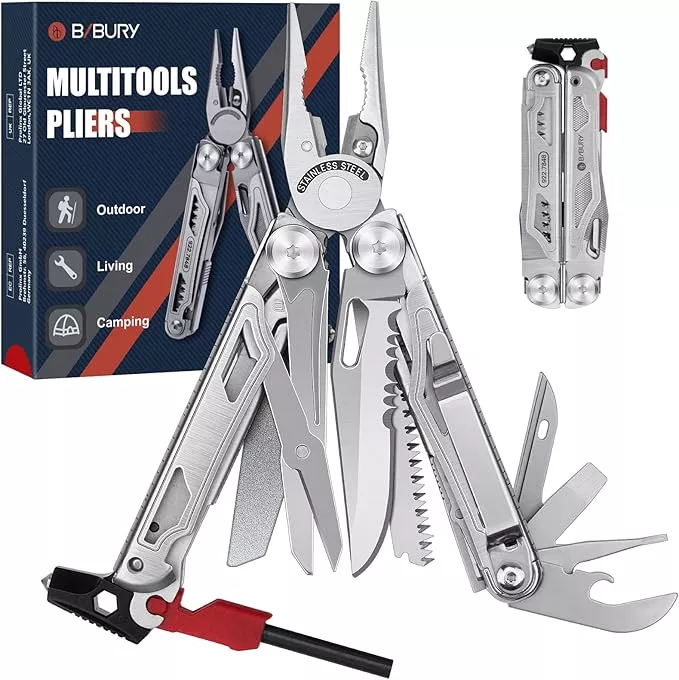 BIBURY Multitool Pliers BI2038B, 22-in-1 Stainless Steel Multi Tool with Flint, Window Breaker, Scissors, Back Clip, Folding Pocket Multifunctional Self-locking EDC Tool for Survival Camping Hiking