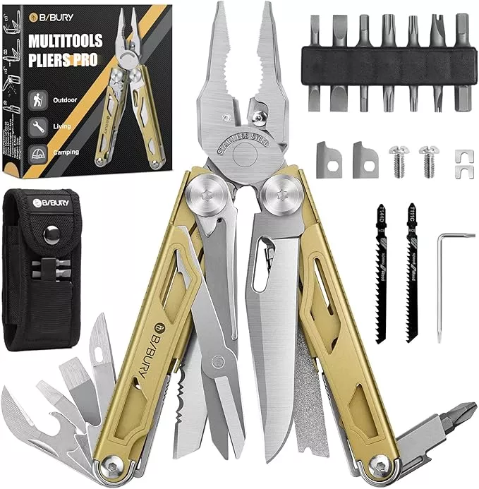 BIBURY Multitool Pliers Pro BI2045, 31-in-1 Stainless Steel Multi Tool with Replaceable Wire Cutters and Saw, Foldable Heavy-duty Multitool Set with Scissors and Screwdriver for Hiking Camping Repair