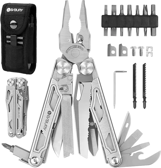 BIBURY Multitool Pliers Pro BI2045, Foldable Multitools with Replaceable Wire Cutters and Saw, Stainless Steel Multi Tool w/Upgraded Scissors and Screwdriver Set, Ideal for Camping, Hiking, Survival