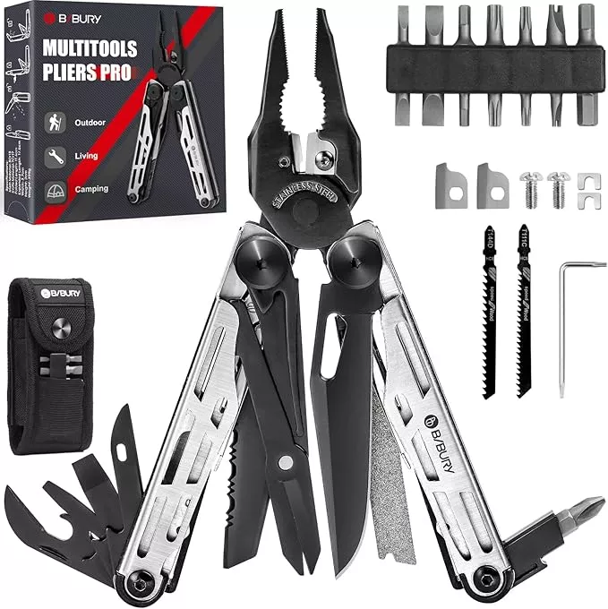 BIBURY Multitool Pliers Pro BI2045, Stainless Steel 31-in-1 Multi Tool Pliers with Replaceable Wire Cutters and Saw,Foldable Multitools with Scissors and Screwdriver, Ideal for Camping,Survival,Repair