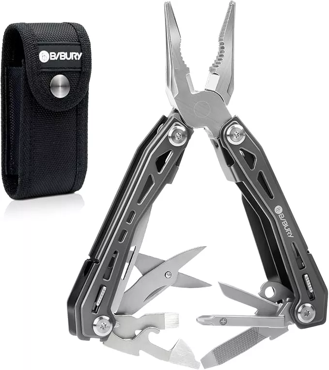 BIBURY Multitools BI2043, 17-in-1 Portable Multitool Foldable Spring-Loaded Pliers with Scissors, Can Opener & Screwdriver, EDC Tools for Camping, Outdoor Activities, Home Repair - Titanium Plating