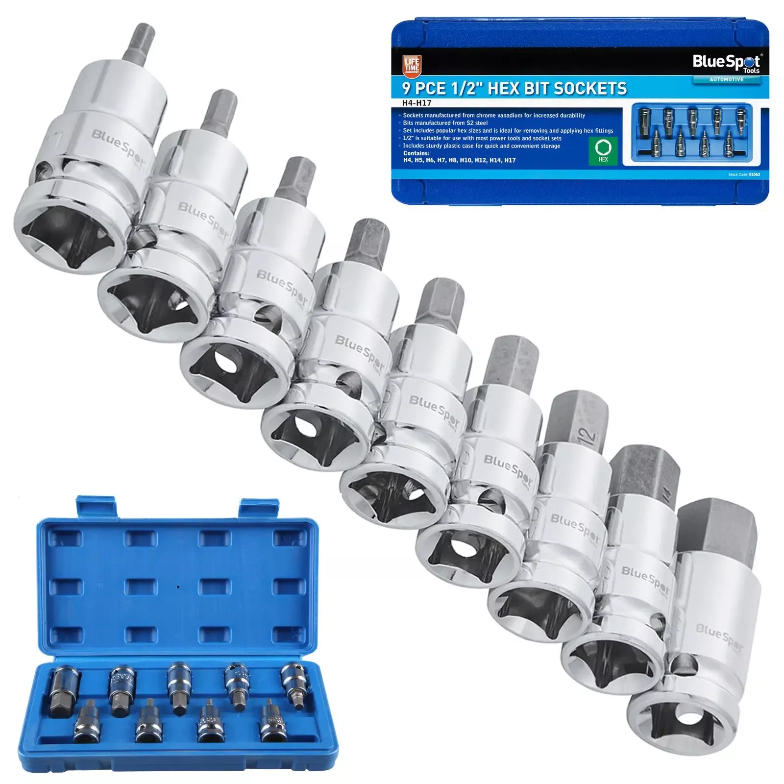BlueSpot Hex Bit Socket Set 9 Piece 1/2" Drive 4-17mm S2 Steel