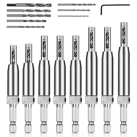 COMOWARE 17pcs VIX Bits Self Centering Drill Bit Set, 1/4" Hex Shank Self Centering Hinge Drill Bit Set for Woodworking Window Door Hinge, Quick Change with 1 Hex Key & 8 Drill Bits 5/64-1/4”