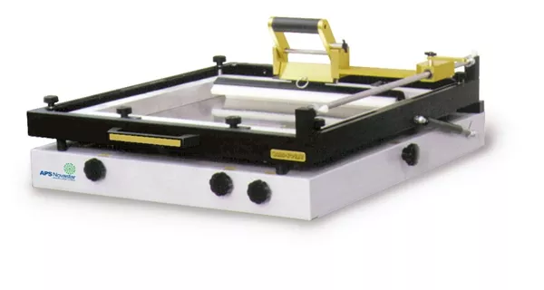 Cost effective manual stencil printer compatible with standard frames covering a 16"x18" print area