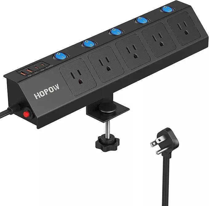 Desk Clamp Power Strip with Individual Switches, 10FT Desktop Mount Charging Station, 5-Outlet Surge Protector with 2 USB-C (20W PD), Fit 1.7" Tabletop Edge, Wall Mount for Home Office, Black