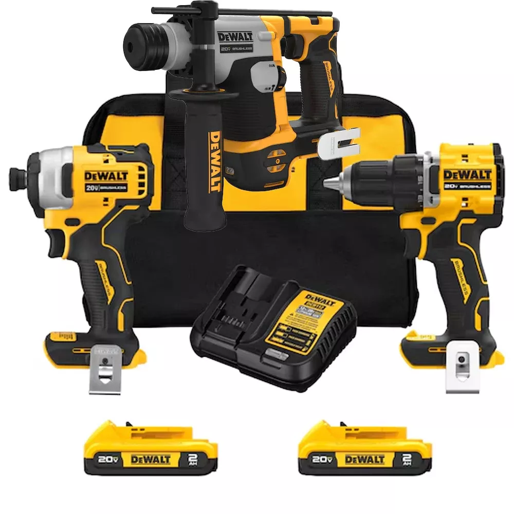 DeWalt 20V MAX* Brushless Compact Drill/Driver, Impact Driver and 5/8" Brushless Cordless SDS PLUS Rotary Hammer Kit DW-DCK225D2-DW-DCH172B