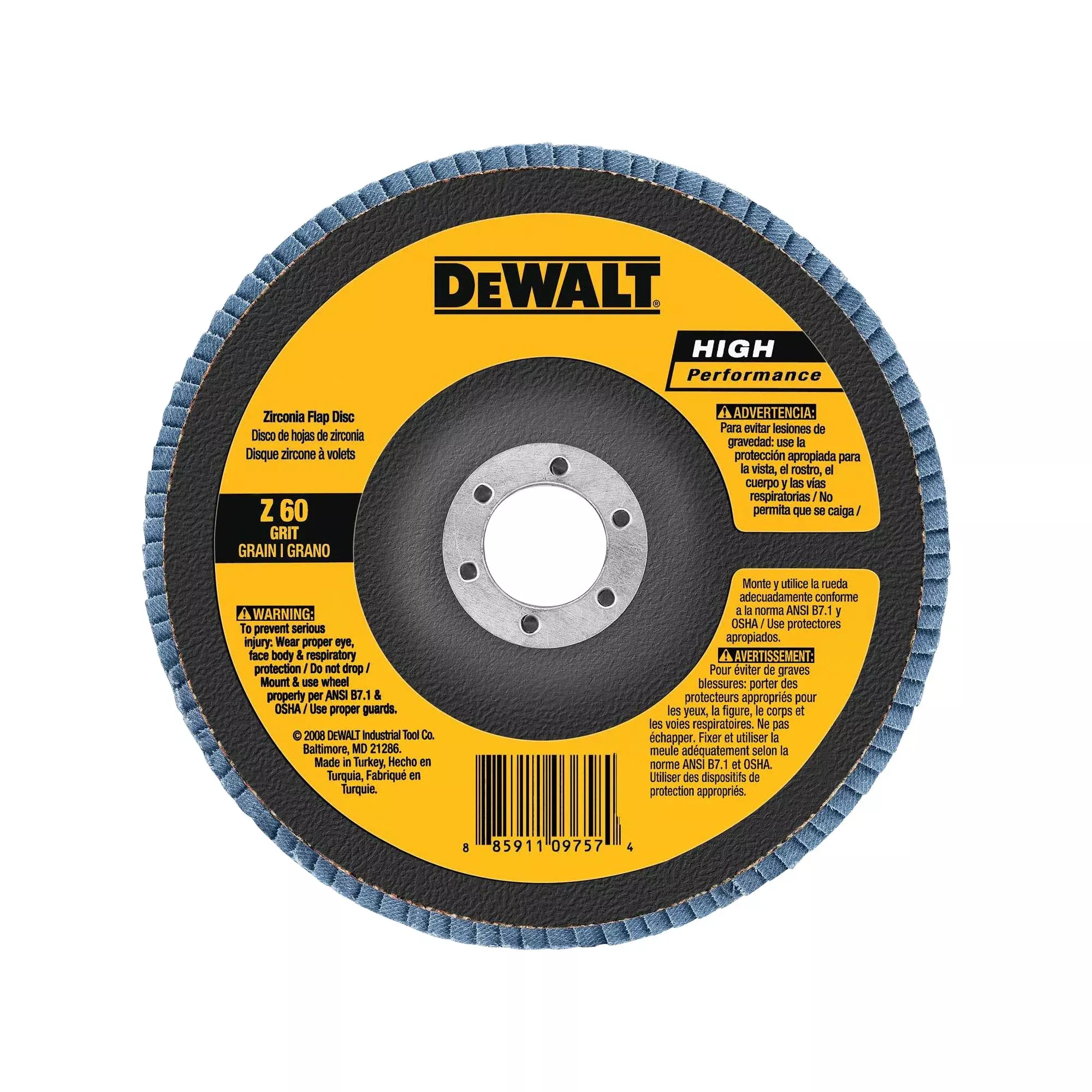 DeWalt 4-1/2" x 7/8" Flap Disc Zirconia 60 Grit Type 27 DW8352