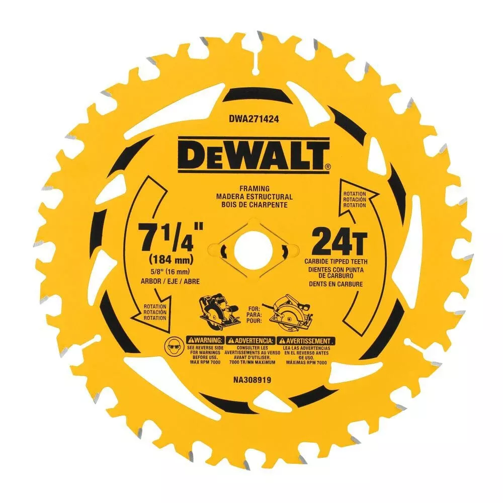DEWALT 7-1/4" 24T Framing Circular Saw Blade with PTFE Coating - DWA271424