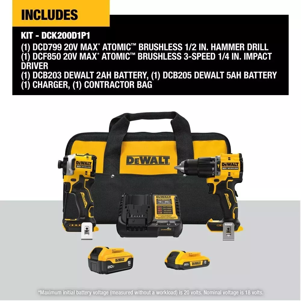 DEWALT ATOMIC 20V MAX* Brushless Hammer Drill & Impact Driver Combo Kit DCK200D1P1