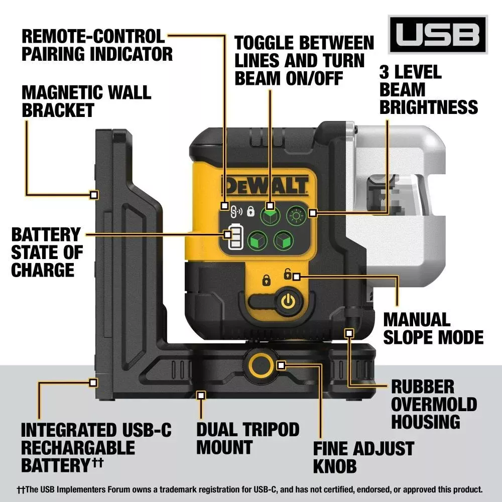 DEWALT DCLE14301GB USB Rechargeable Green 3x180° Line Laser - Precision Layout Base Kit
