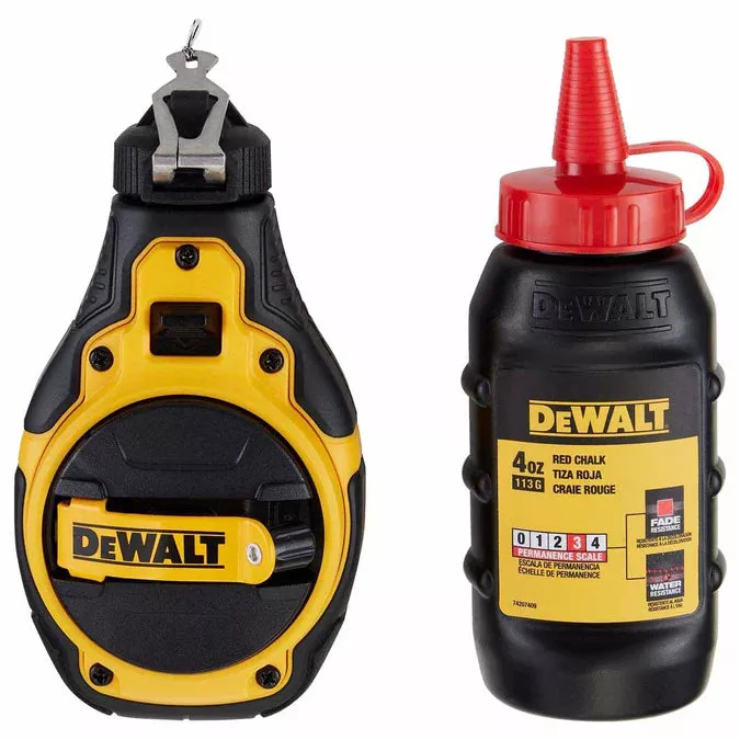DEWALT DWHT48333RC 100ft 4:1 Bi-Material Chalk Reel Kit with Red Chalk - Precision Layout & Fast Rewind