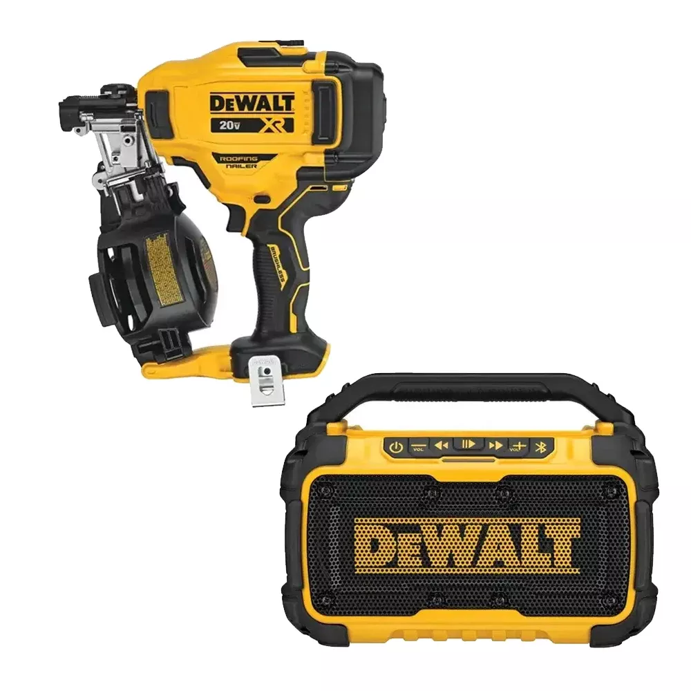 DeWalt Power Tools 20V Max 15 deg. Cordless Coil Roofing Nailer (Tool Only) & 12V/20V MAX Jobsite Bluetooth Speaker DCN45RNB-DCR010