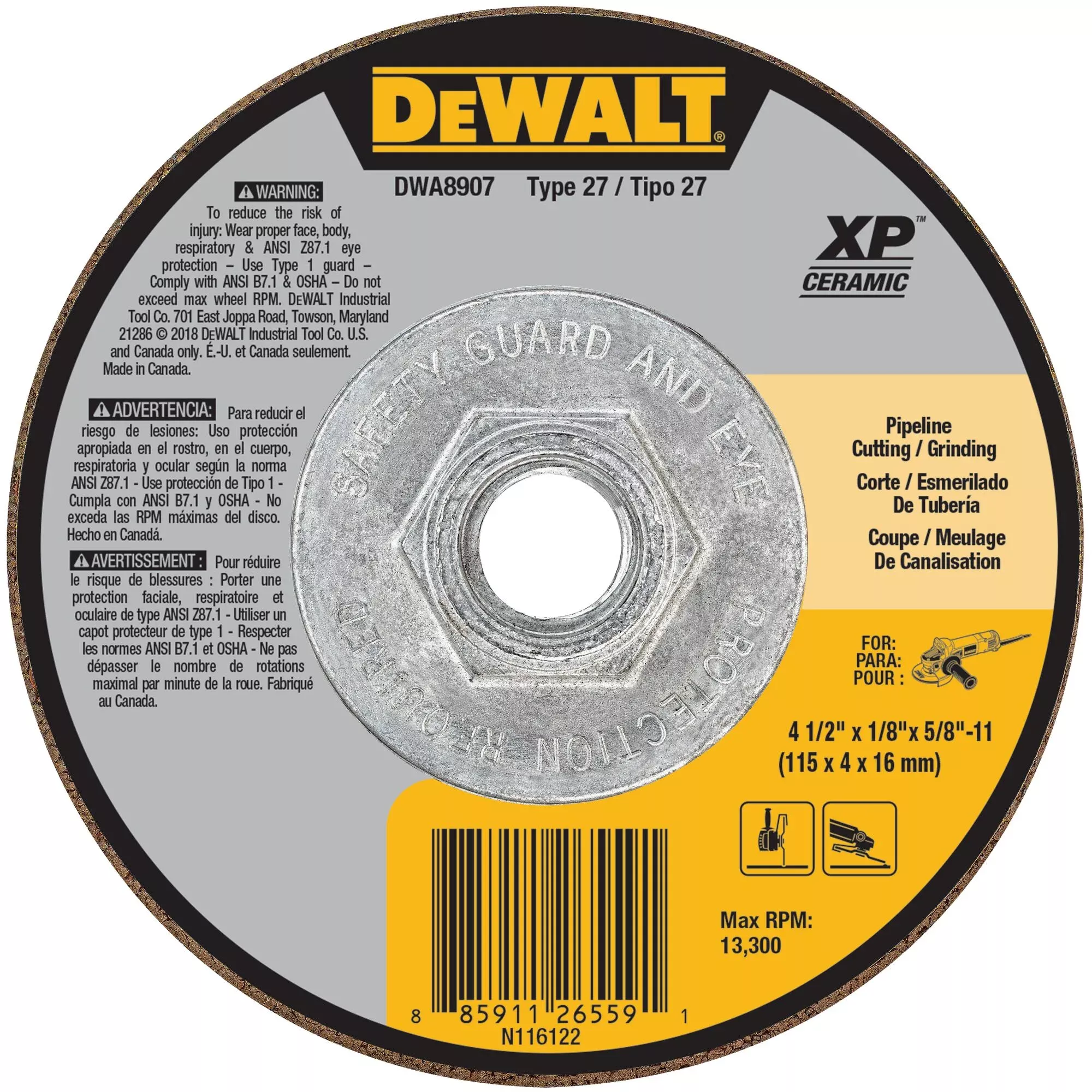 DeWalt XP 4-1/2" x 1/8" x 5/8" -11 Grinding & Cutting Wheel Extended Performance Ceramic DWA8907