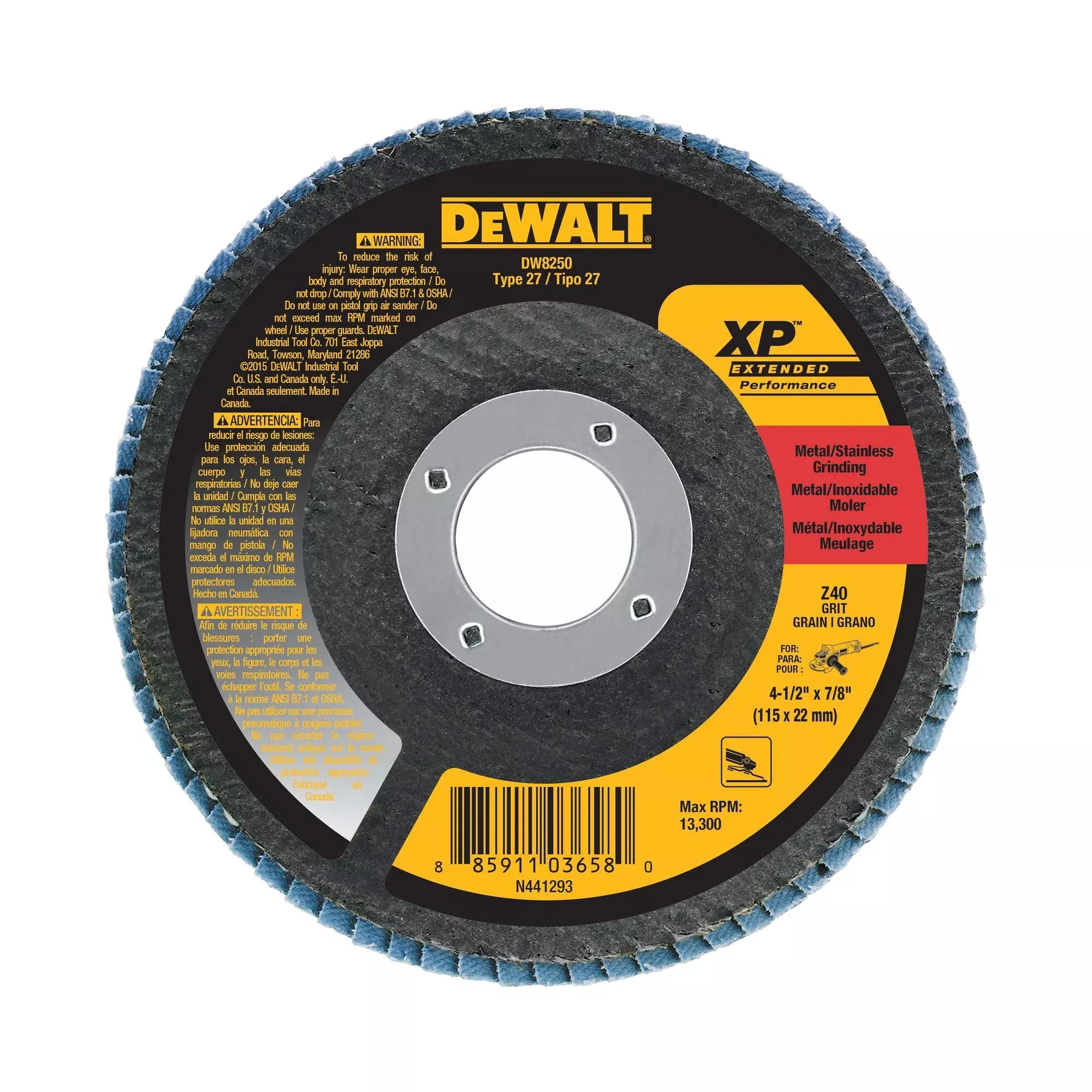 DeWalt XP 4-1/2" x 7/8" Flap Disc High-Density Ceramic 40 Grit DW8250