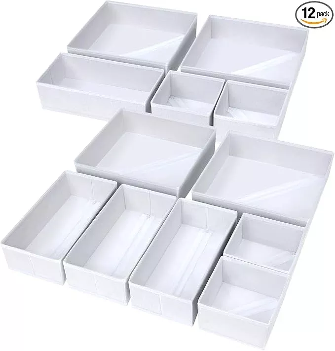 DIMJ Drawer Organizer Clothes, 12 Pack Fabric Closet Organizers and Storage, Foldable Baby Clothes Organizer & Dresser Bin For Nursery, Bedroom, Closet, Socks, Bra, Tie,White