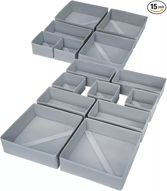 DIMJ Drawer Organizer Clothes, 15 Pack Underwear Organizer, Foldable Closet Bins, Sock Organizer Bra Cube, Fabric Dresser Box for Clothes, Bra, Socks, Tie (Grey)