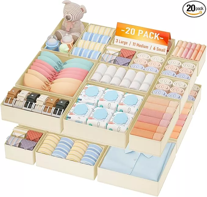DIMJ Drawer Organizer Clothes, 20 Pack Dresser Organizer, Foldable Closet Organizers and Storage, Fabric Dresser Bins, Drawer Dividers for Nursery, Baby Clothes, Underwears, Sock (Beige)