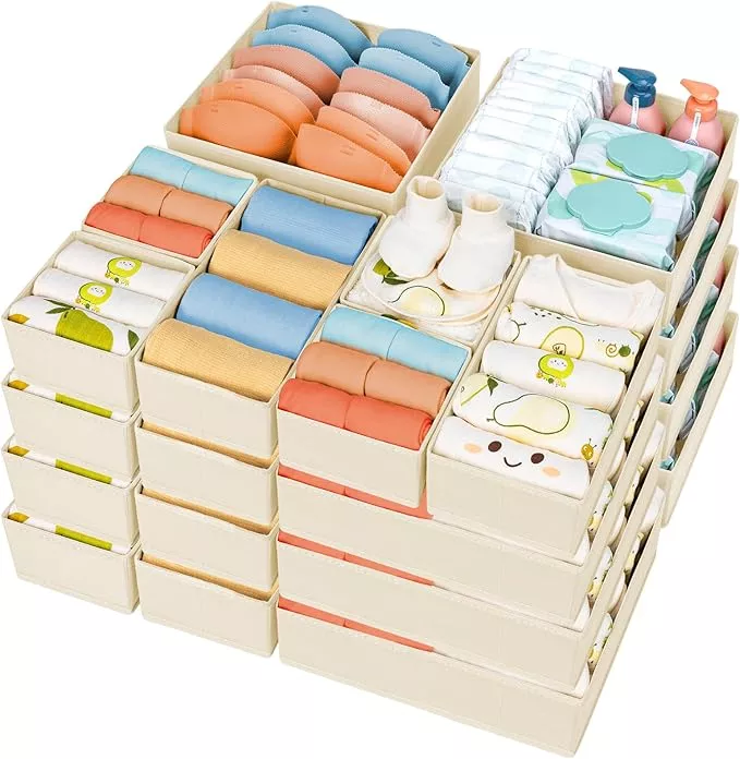 DIMJ Drawer Organizer Clothes, 24 Pack Dresser Organizer, Foldable Closet Organizers and Storage, Fabric Dresser Drawer Organizers, Drawer Dividers for Nursery, Baby Clothes, Underwears, Sock