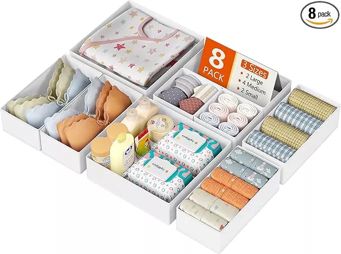 DIMJ Drawer Organizer Clothes, 8 Pack Dresser Organizer, Foldable Closet Organizers and Storage, Fabric Dresser Bins, Drawer Dividers for Nursery, Baby Clothes, Underwears, Sock (white)