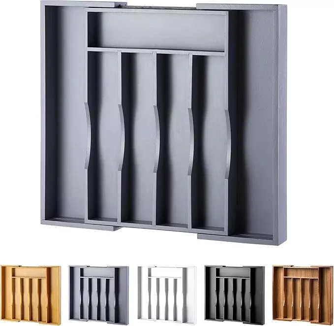 Expandable Bamboo Kitchen Drawer Organizer for Cutlery and Utensils, Adjustable Bamboo Wood Cutlery Tray in Drawer for Flatware and Silverware in Kitchen, (White)