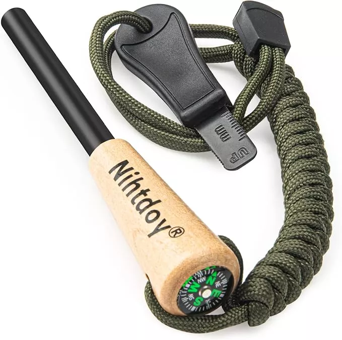 Ferro Rod Fire Starter – Carbon Steel Striker & Compass-Integrated Wooden Handle | Flint and Steel Survival Tool for Camping, Hiking, Emergency