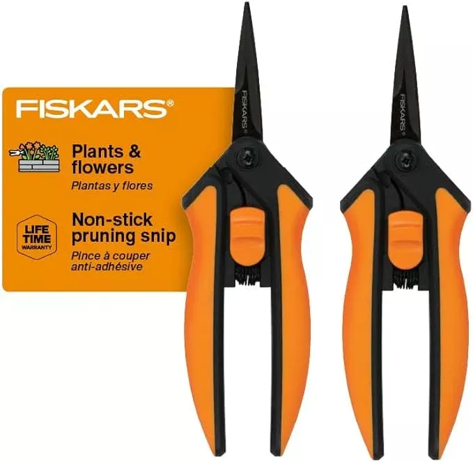 Fiskars 6" Pruning Scissors (2-Pack) for Flowers, Buds, Weeds and Small Plants, Garden Snips with Resin Resistant Nonstick Stainless Steel Blades, Gardening Trimmers with Comfortable Handle