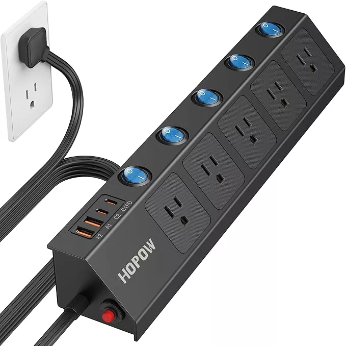 Flat Plug Power Strip with Individual Switches, 10 Ft Ultra Thin Flat Extension Cord, 5-Outlet Surge Protector with 2 USB-C (20W PD) & 2 USB-A, 1700 Joules, Wall Mount for Home Office, White