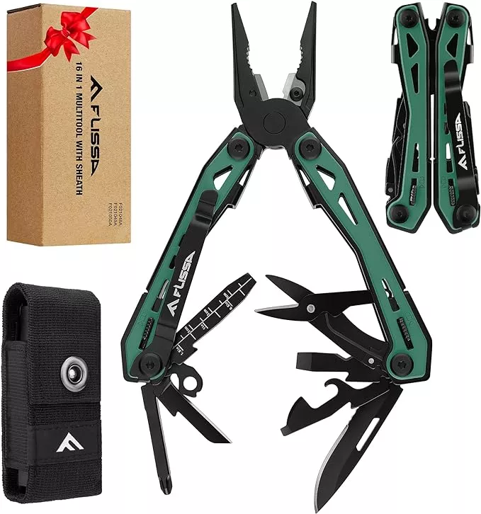 FLISSA 16-in-1 Multi Tool Pliers, Gift for Dad, Stainless Steel EDC Multitool with Pocket Knife, Belt Clip and Oxford Pouch, Self-locking Multipurpose Utility Multi-Tool for Camping Survival Outdoor