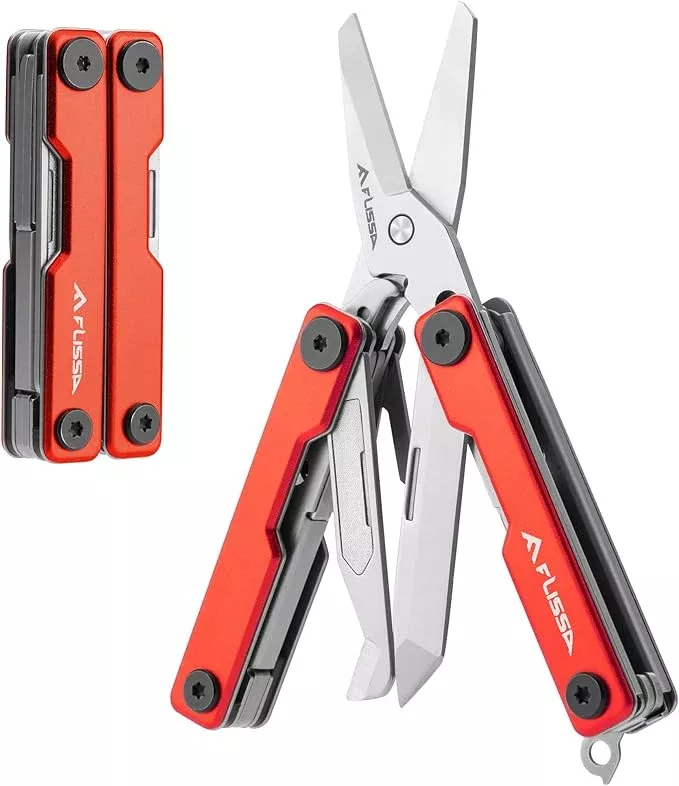 FLISSA Multitool Scissors, 11-in-1 Multi Tool Pocket Knife, Stainless Steel Mini Multitool with Bottle Opener, Screwdriver, Aluminum Handles, Spring - EDC for Outdoor, Camping, Hiking, Fishing, Red