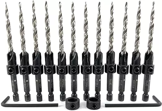 FTG USA 12 Pc #10 (3/16") Countersink Drill Bit Set with Depth Stop Collar, Hex Wrench - Tapered Drill Bits for Wood